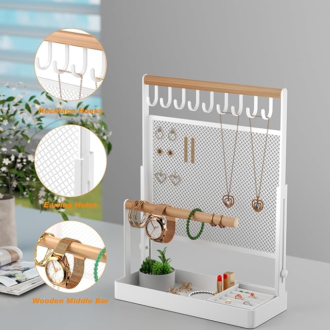 IOAIANIA Jewelry Organizer Stand with Velvet Ring Holder, Liftable Necklace Holder with Earring Organizer Net, 9 Hooks Necklaces Storage Wooden Handing Bar for Bracelets Watches Rings (White)