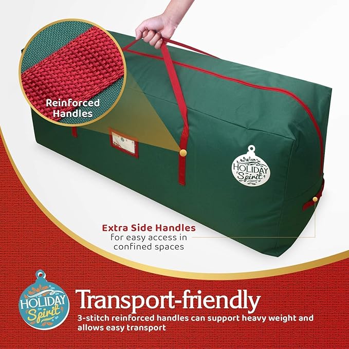 HOLIDAY SPIRIT Heavy Duty Canvas Bags for Christmas Tree - Waterproof Storage Bag with Reinforced Handles and Dual Zipper for 9 Ft Tree - 600D Oxford Material Protects from Dust and Moisture, Green