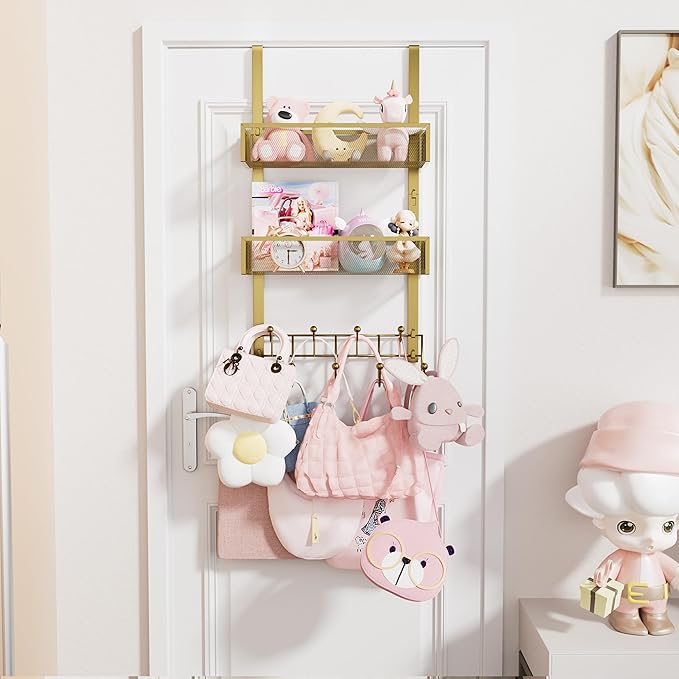 HapiRm Over The Door Hanger with Coat Hooks and 2 Baskets, Rustproof & Waterproof Over The Door Hooks, Storage Organizer for Hats, Bathroom, Kitchen, Bedroom - Gold
