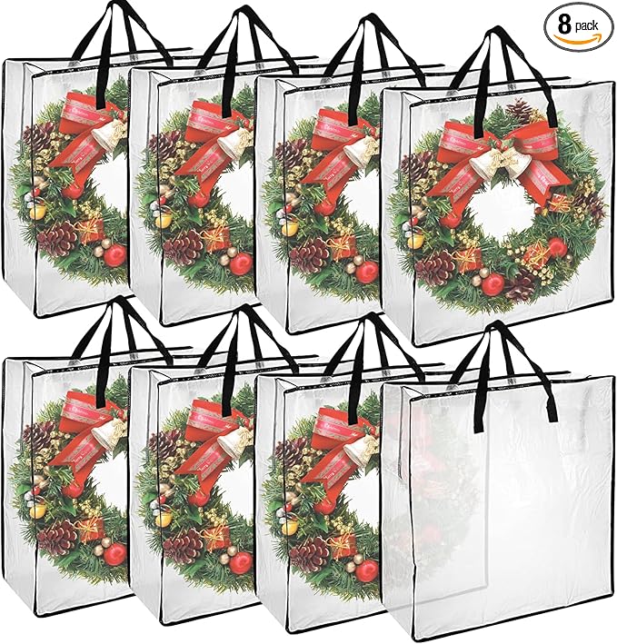 8 Pack Wreath Storage Container 24 Inch, Wreath Storage Bag, Clear Plastic Wreath Storage Container with Sturdy Handles for Xmas Holiday Wreaths, Pillow & Blanket