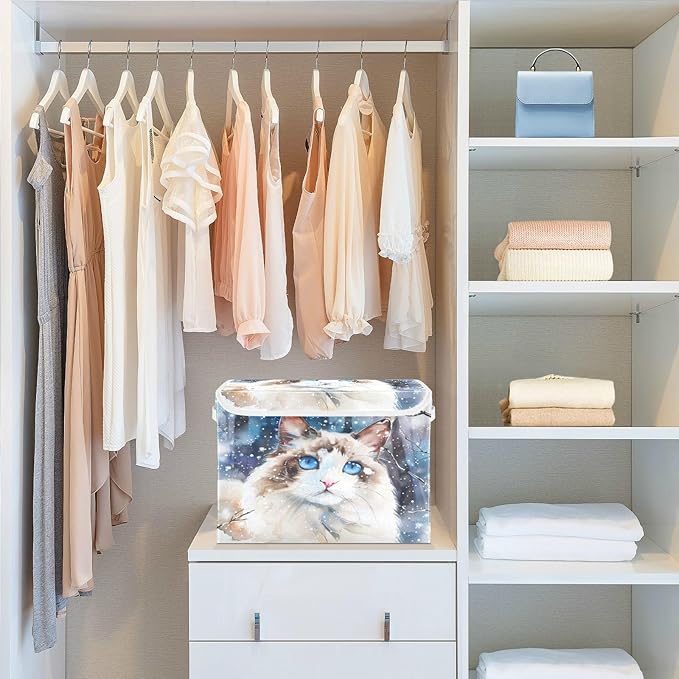 senya Winter Baskets Collapsible Storage Bins with Lids, Ragdoll Cat in The Snow Storage Boxes Clothes Baskets for Organizing