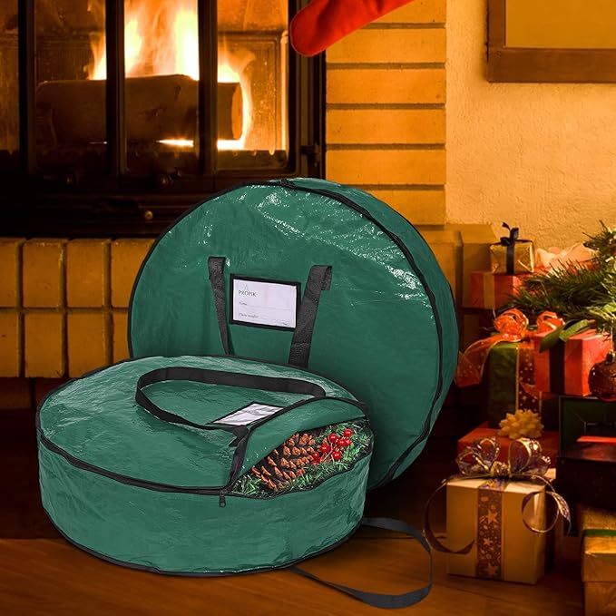 ProPik Christmas Wreath Storage Bag 30" - Garland Holiday Container with Tear Resistant Material - Featuring Heavy Duty Handles and Transparent Card Slot - 2 Pack (30 Inch, Green)