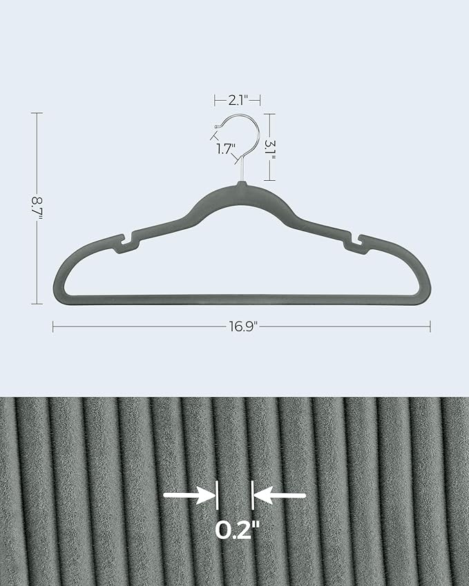 SONGMICS Velvet Hangers 30 Pack, Non-Slip Clothes Hangers with Shoulder Notches, Pants Bar, 360° Swivel Hook, Space-Saving, for Closet, Gray UCRF029V03