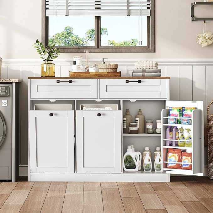 Double Tilt Out Laundry Hamper Cabinet, 43.3" Laundry Storage Cabinet with 2 Removable Baskets, Farmhouse Wooden Hidden Trash Bin Cabinet with Open Shelving, for Bathroom, White and Walnut