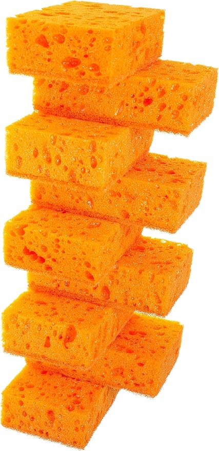 Okleen Orange Multi Use Scrub Sponge. Made in Europe. 9 Pack, 4.3x2.8x1.4 inches. Odorless Heavy Duty and Non Scratch Fiber. Durable and Delicate Scrubber for Dirty Surfaces in Kitchen, Home, Outdoors