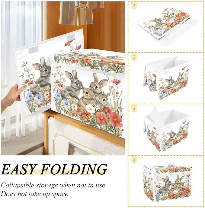 senya Easter Baskets Collapsible Storage Bins with Lids, Red Flowers Bunnies Storage Boxes Clothes Baskets for Organizing