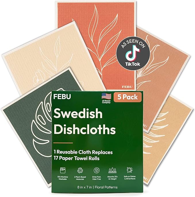 FEBU Swedish Dishcloths for Kitchen | 5 Pack Floral Reusable Paper Towels Washable | Swedish Dish Towels | Non-Scratch Cellulose Sponge Cloths | No Odor, Biodegradable Cleaning Cloths