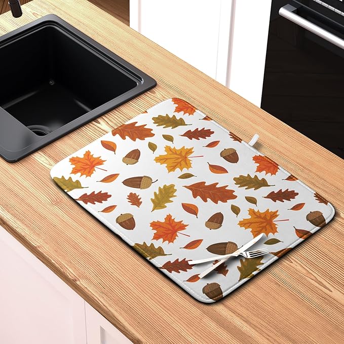 Kwlegh Fall Leaves Dish Drainer Mat - Absorbent Drying Mat for Counter - 18x24 Inch, Orange Maple Leaf Pattern