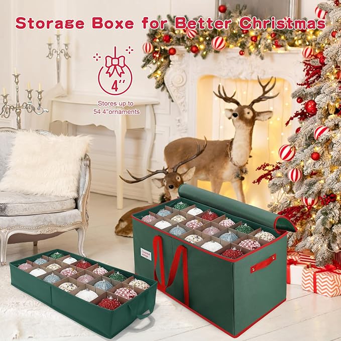 Christmas Ornament Storage Box, Stores Up to 54-4" Ornaments, 3 Individual Trays, Adjustable Dividers, 600D Oxford Fabric, Large Organizer Bin to Protect and Store Holiday Décor