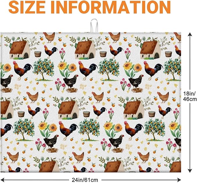 Dish Drying Mat For Kitchen Counter, Farmhouse Rooster Microfiber Absorbent Dish Drainer Rack Pad Reusable Large 18x24in Drying Mat