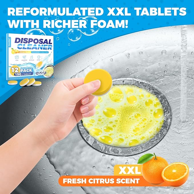 Qucship Garbage Disposal Cleaner Deodorizer - 12 Pack, Foaming Citrus Sink Freshener - XXL Tablets Eliminate Odors, Natural Septic Safe Food Disposer Maintenance