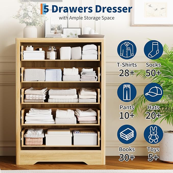 Garvee Dresser for Bedroom with 5 Drawers, 45'' Tall Chest of Large Decorative Drawer Front with Large Clothes Storage Cabinet, Wood Bedroom Dresser, TV Stand for Nursery, Living Room, Enterway