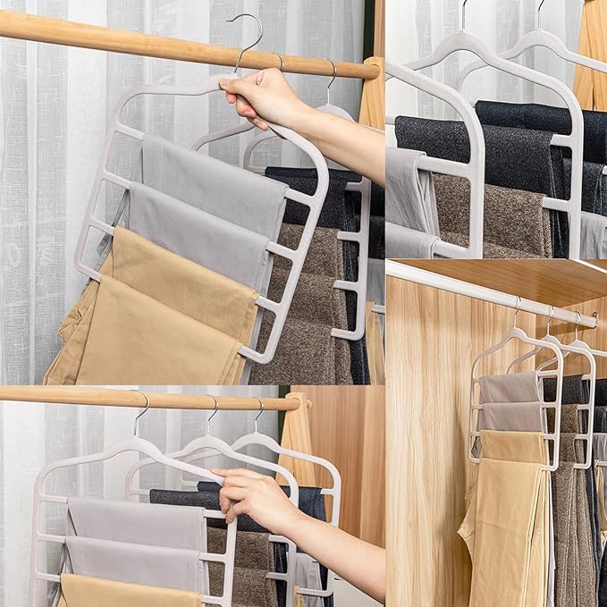 Velvet Pants Hangers Space Saving Hangers Closet Organizer for Jeans Slack Trousers Scarf Tie Pants Rack Leggings Hanger Non-Slip Hangers Multiple Clothes Holder (Grey, 3)