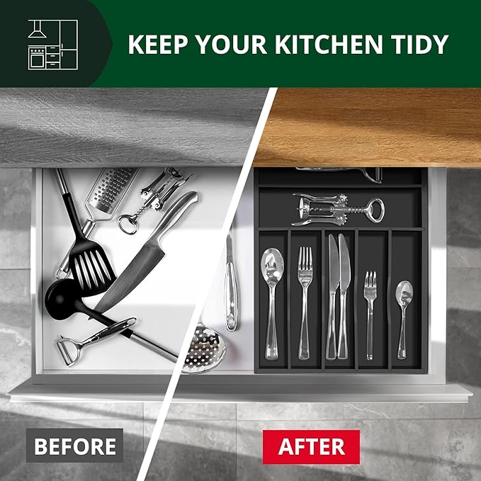 ROYAL CRAFT WOOD Luxury Bamboo Kitchen Drawer Organizer - Silverware Organizer - Utensil Holder and Cutlery Tray with Grooved Drawer Dividers for Flatware and Kitchen Utensils (7 Slot, Black)