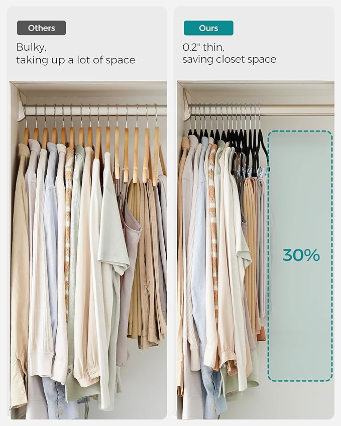 SONGMICS 30 Pack Pants Hangers, 16.7 Inches Long Velvet Trousers Hangers with Adjustable Clips, Heavy-Duty, Non-Slip, Space-Saving for Pants, Skirts, Coats, Dresses, Tank Tops, Black UCRF12B30