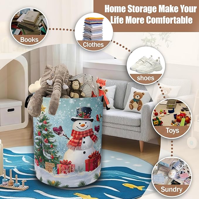 Christmas Laundry Baskets,Cute Snowman Laundry Hamper,Storage Basket with Handles for Bathroom Bedroom College Dormitory Living Room Nursery Organizer 16"x20.8"