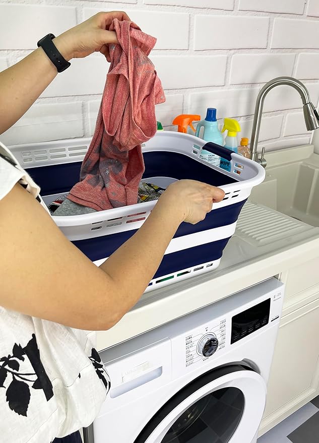 SAMMART 42L (11 Gallons) Collapsible Plastic Laundry Basket - Foldable Pop Up Storage Container/Organizer - Portable Washing Tub - Space Saving Hamper/Basket [BPA Free] (White/Starry Blue (Set of 2))