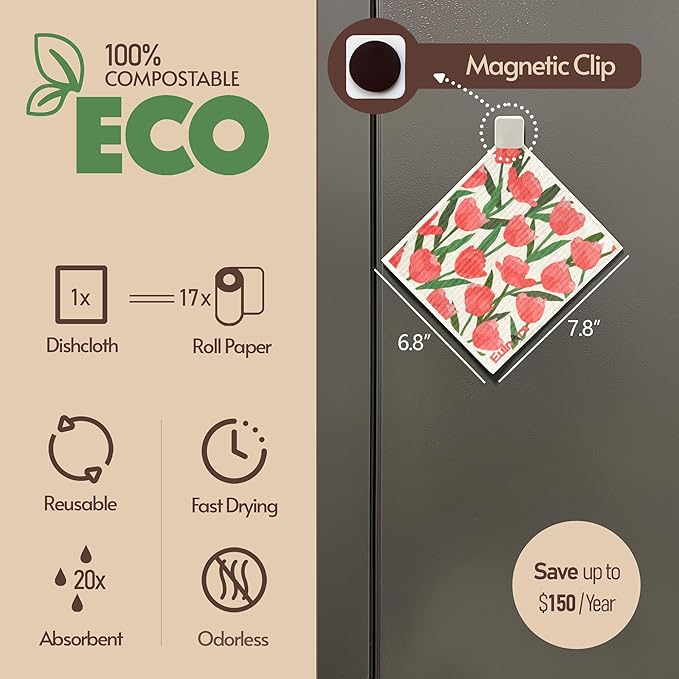 Eulnars Swedish Dishcloths for Kitchen, 8 Pack Flower Reusable Paper Towels Washable, Non-Scratch Swedish Kitchen Towels, Super Absorbent Cellulose Dish Cloths, Eco Friendly Gifts