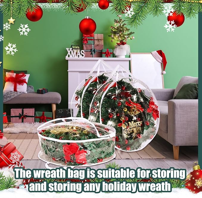 Shappy 6 Pcs 36 Inch Christmas Wreath Storage Container Clear Wreath Storage Bags PVC Waterproof Garland Bags with Clear Window Dual Zippers and Handles for Xmas Holiday Artificial Garland (White)