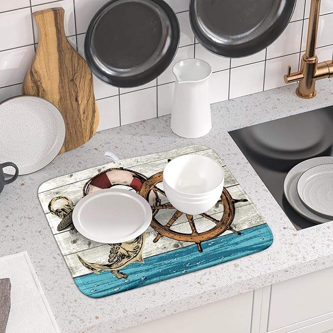 Nautical Anchor Dish Drying Mat 16x18 inch Coastal Boat Fast Dry Microfiber Reversible Dish Drainer Pad Kitchen Countertop Tabletop Decor