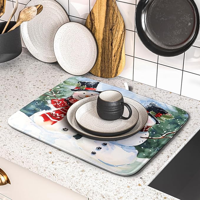 ABSOP Winter Dish Drying Mat 16 x 18 Inch Xmas Snowman Pattern Dish Drying Pad Absorbent Microfiber Mats for Christmas Dish Rack Pad for Kitchen Counter Coffee Bar Decor