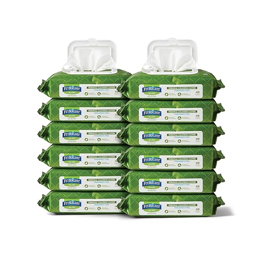 FitRight Aloe Quilted Heavyweight Personal Cleansing Cloth Wipes, Unscented, 576 Count, 8 x 12 inch Adult Large Incontinence Wipes