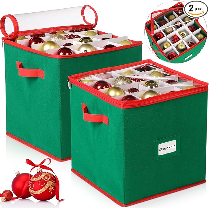Chengu 2-pack Christmas Ornament Storage Stores up to 64 Christmas Ball Accessories Holder with Adjustable Dividers, Zippered Closure Two Handles for Holiday Ornaments and Xmas Decorations(Army Green)