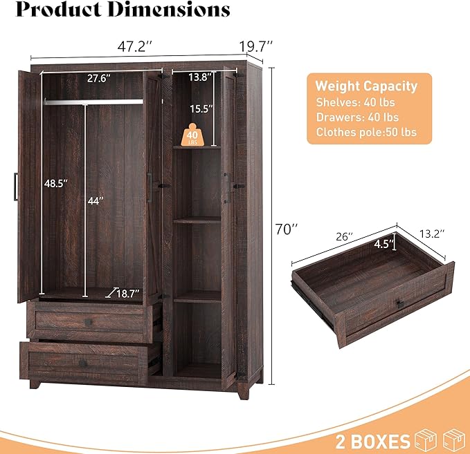 AMERLIFE Farmhouse 3 Door Wardrobe Closet with 2 Drawers & Hanging Rod, 47" Large Armoire Storage Cabinet with Adjustable Shelves, Freestanding Clothing Organizer for Bedroom, Barnwood Brown