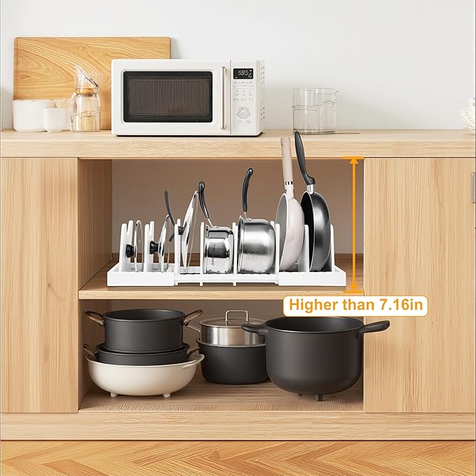 MinBoo Bamboo Expandable Pot Lid Organizer, Pot and Pan Organizer Drawer Organizer for Pot Lids, Adjustable Dividers for Kitchen Cabinet Organizers and Storage,White,Small