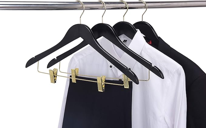 Quality Black Wooden Skirt Hangers with Clips, 20-Pack Smooth Solid Wood Pants Hangers with Durable Adjustable Metal Clips, Swivel Hook, Coat, Jacket, Blouse Suit Hangers (Black-Gold Hook, 20)