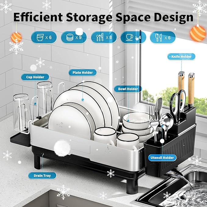 Ewaiira Dish Drying Rack, 304 Stainless Steel Dish Racks for Kitchen Counter, Dish Drainers with Automatic Drainage, Utensil Holder & Cups Holder, Space Saving Kitchen Organizer, Black