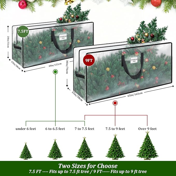 Christmas Tree Storage Bag 7.5 ft, Heavy Duty Clear Tree Bag for Storage with Sturdy Zipper and Handles, Waterproof Xmas Tree Storage Bag for Various Scene Storage and Moving