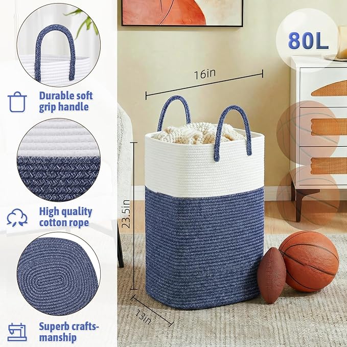 Laundry Basket,Woven Cotton Rope Laundry Hamper,Versatile Storage for Dirty Clothes,Baby Toys,and Blankets in Bathroom, Nursery,and Living Room (Blue, 80L)