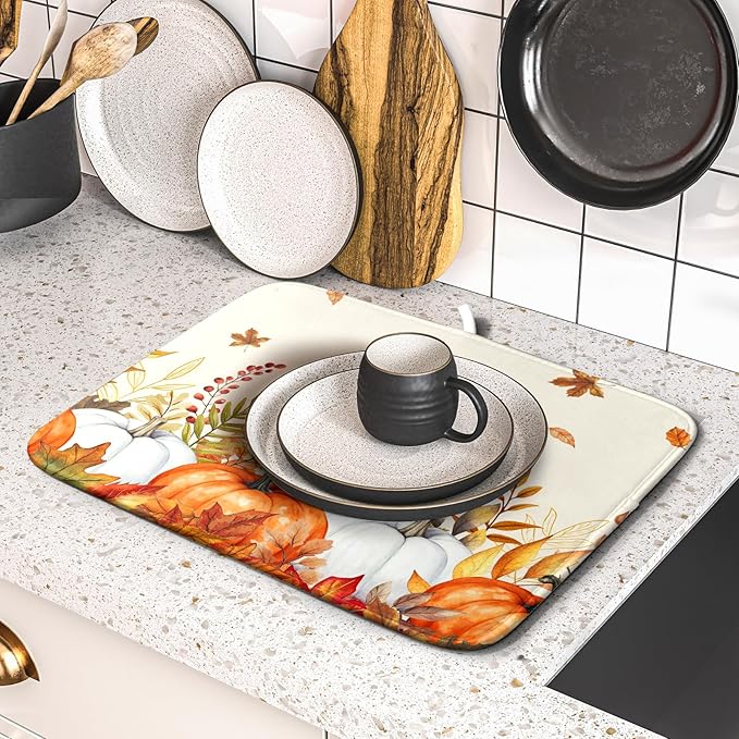 ABSOP Fall Dish Drying Mat for Kitchen Counter 16 x 18 Inch Orange Pumpkin Drying Mat Absorbent Reversible Microfiber Mats for Thanksgiving Decoration Dish Rack Pad Drainer Mat for Coffee Bar
