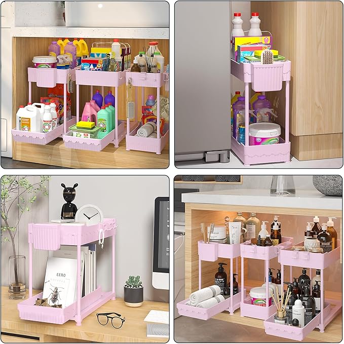 Sevenblue 3 Pack Under Sink Organizers, 2-Tier Multi-Use Kitchen and Bathroom Organizers and Storage with Sliding Drawers，Bathroom Cabinet Organizer (Pink, 14.8 Inch)