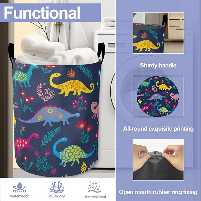 Cute Cartoon Dinosaur Laundry Hamper Large Canvas Fabric Lightweight Storage Basket/Dirty Clothes Collapsible Waterproof for College Dorms, Boys and Girls Bedroom,Bathroom