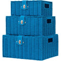 Set of 3 Woven Wicker Storage Basket Box with Lid & Lock, Built-in Carry Handles, Multifunctional Storage Organiser for Nursery, Baby, Clothes, Toys, Books, Large/Medium/Small Size (Sky Blue)