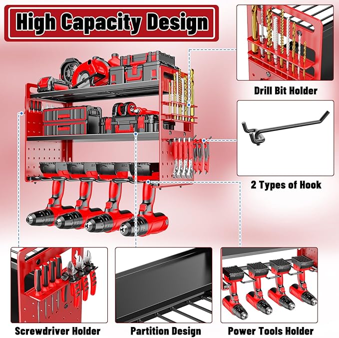 FaloStwer Modular Power Tool Organizer Wall Mount, Garage Drill Storage Shelf with Hooks, Heavy Duty Metal Premium Garage Tool Shelf, Gift for Man Cordless Tool Storage Rack (Red)