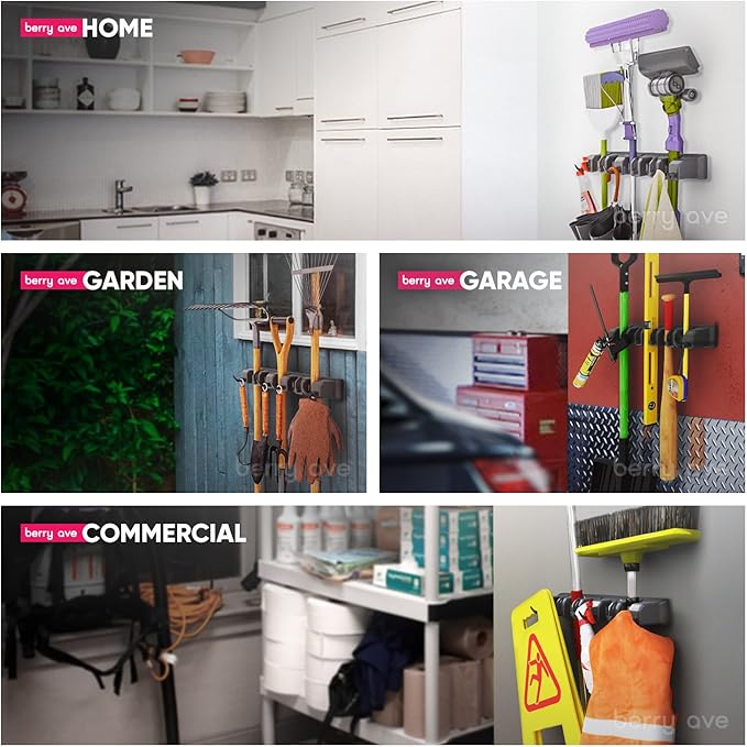 Berry Ave EXTRA GRIP Mop & Broom Holder Wall Mount – Wall Hanging Organizer for Garden Tools, Closet, and Utility Storage, Includes Hardware, Fits Standard Brooms & Mops