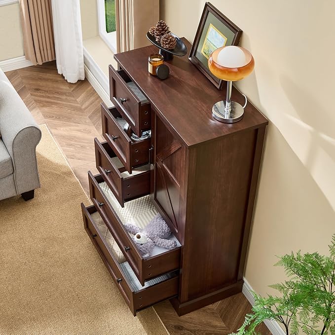 LIDYUK 5 Drawer Cherry Wood Dresser for Bedroom Farmhouse Dresser Chest of Drawers, 48" Tall Clothes Organizer with Storage Cabinet Wood Chest of Drawers for Bedroom, Living Room