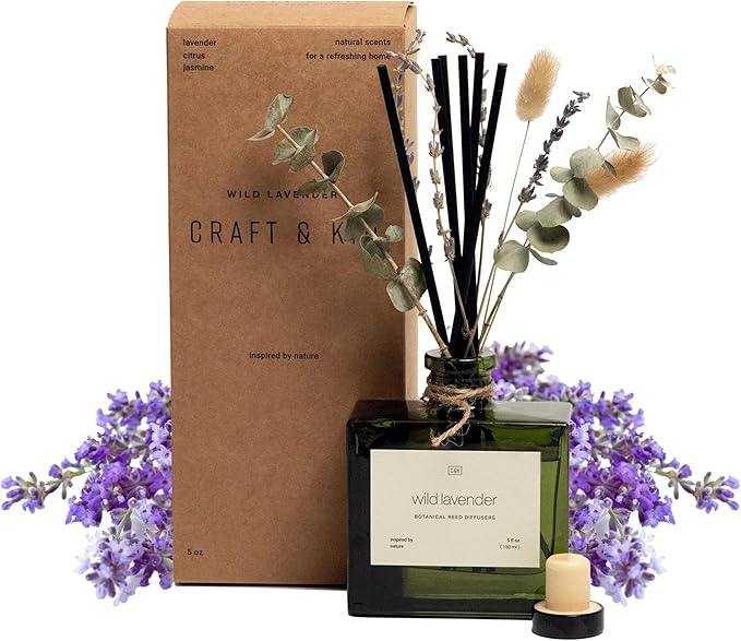 Craft & Kin Reed Diffuser with Dried Flowers | 5 oz White Lavender Scented Winter Reed Diffusers for Home, Bathroom | Scent Sticks | Elegant Fragrance Home Decor for Men & Women