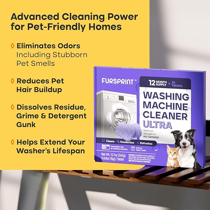 Fursprint Washing Machine Cleaner Tablets Ultra – 40% Stronger Formula: Designed for Pet Owners, Removes Residue, Grime & Odors, Compatible with HE, Top & Front Load, 24 Pack – 12 Month Supply