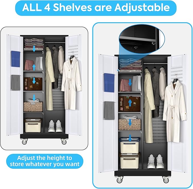 Metal Broom Closet Storage Cabinet with Hanging Rod, 71" H Garage Storage Cabinet with Wheels and Pegboard & 13 Hooks for Garage, Home, Black and White, Assembly Required