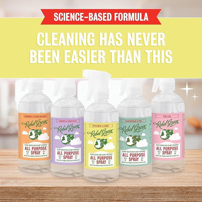 Rebel Green Natural All-Purpose Cleaning Spray - Plant-Derived Multi-Surface Cleaner with Essential Oils for Kitchen, Bath, Countertops and More - Peppermint & Lemon Scent - 16 oz - 2 Pack