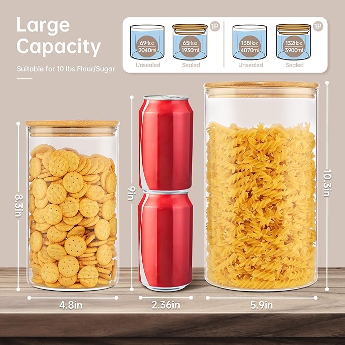 HomArtist Extra Large Glass Flour and Sugar Storage Containers with Airtight Lid,132 floz x1 & 65 floz x1 [Set of 2] Big Glass Jars with Bamboo Lids, Air Tight Food Jar for Cereal, Pasta, Rice, Coffee