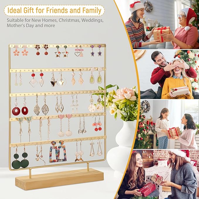 5 Tier 120 Hole Earring Holder Organizer, Rust Proof Metal and Wooden Base Jewelry Organizers and Storage for 60 Pairs of Earrings, Suitable for Home Storage and Sales Display