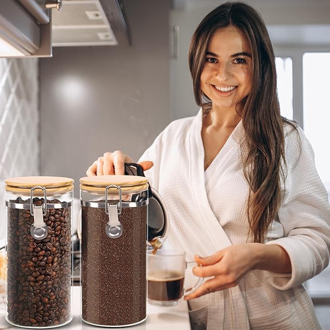 EQEY Glass Storage Jars Set Elegant Containers with Airtight Bamboo Lids, Perfect for Kitchen Organization - Flour, Rice, Pasta, Sugar, Coffee Beans, Accessories Included (Coffee Jar x 2)