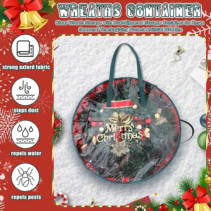 Shappy 6 Pcs 24 x 7 Inch Christmas Wreath Storage Bag Plastic Storage Containers for Wreaths Container Christmas Decorative Xmas Plastic Bag Holder Handles Dual Zipper Holiday Wrapping