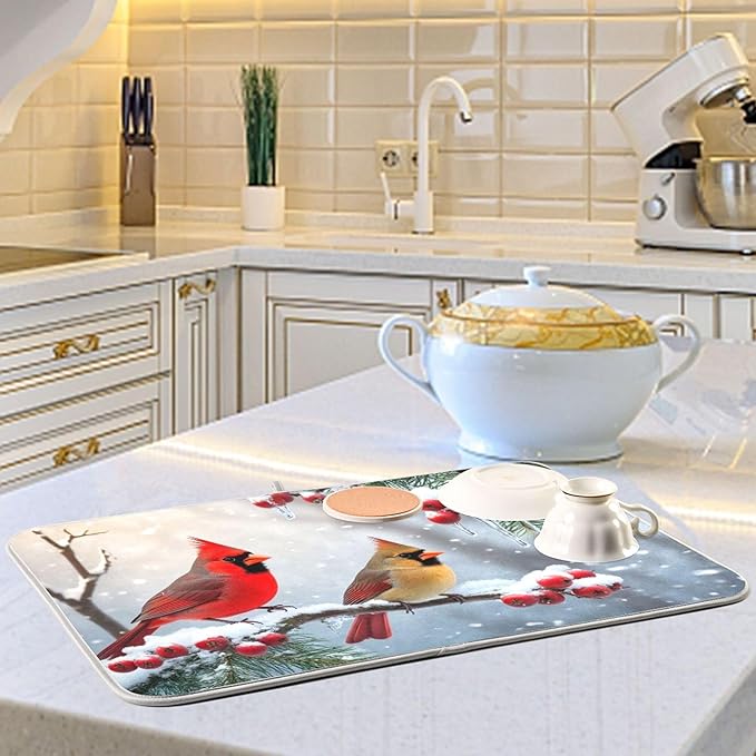 Winter Cardinal Birds Dish Drying Mat for Kitchen Countertop 18x24 Christmas Poinsettia Berry Snow Large Drying Mat Reusable Quick Dry Dish Sink Mats Easy Clean Decorative Essentials