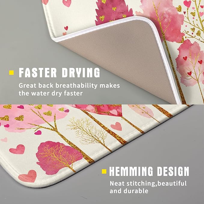 Valentines Day Pink Tree Dish Drying Mat for Kitchen Counter 18x16 Inch Heart Drying Mat with Absorbent Reversible Microfiber Love Dish Drainer Mats Rack Pad for Coffee Countertop Protector